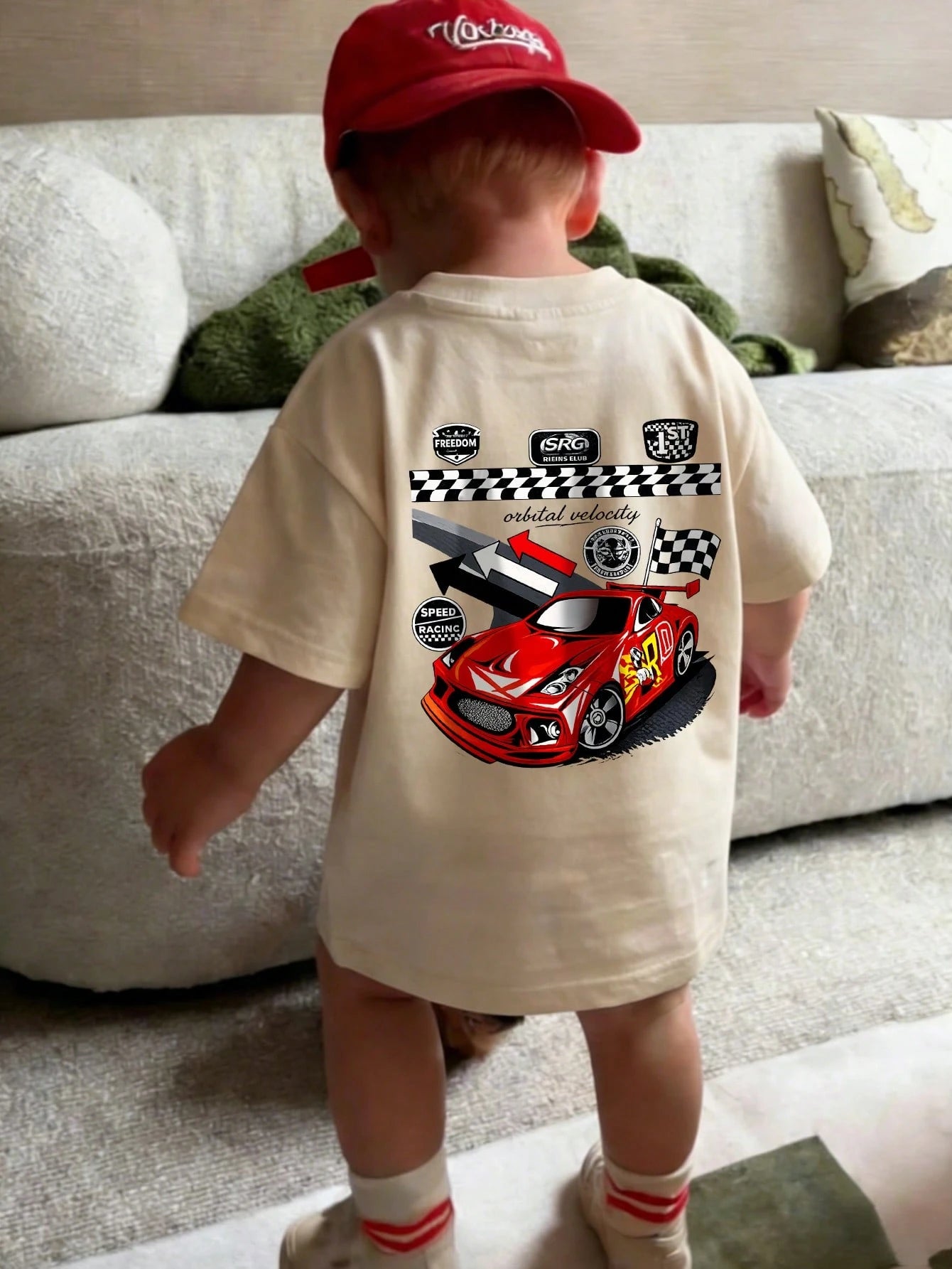 SHEIN Toddler Boys' Casual Race Car Graphic Round Neck Short Sleeve T-Shirt