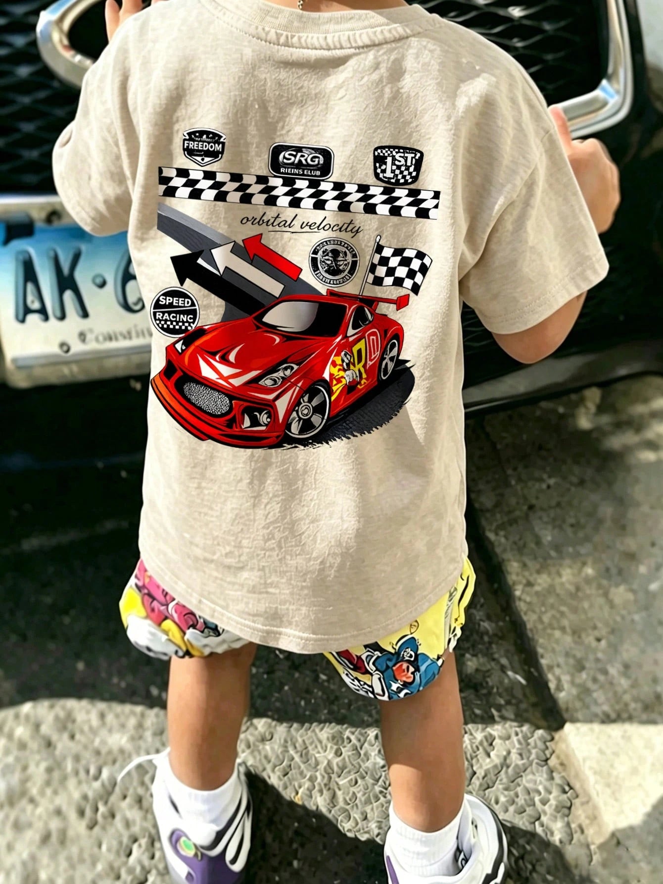 SHEIN Toddler Boys' Casual Race Car Graphic Round Neck Short Sleeve T-Shirt