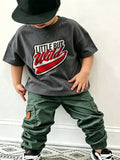 SHEIN Toddler Boys' Cool Street Style Short Sleeve T-Shirt, Versatile Dark Gray Basic Tee