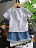 SHEIN Toddler Boys Crew Neck T-Shirt And Denim Set, Adorable Style With Embroidery Decor