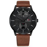 Tommy Hilfiger Hunter Brown Leather Strap Black Dial Quartz Watch for Men - 1791604