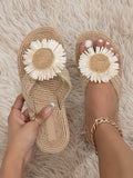 SHEIN Vacation Khaki Slippers For Women, Linen Flower Decor Flip Flops