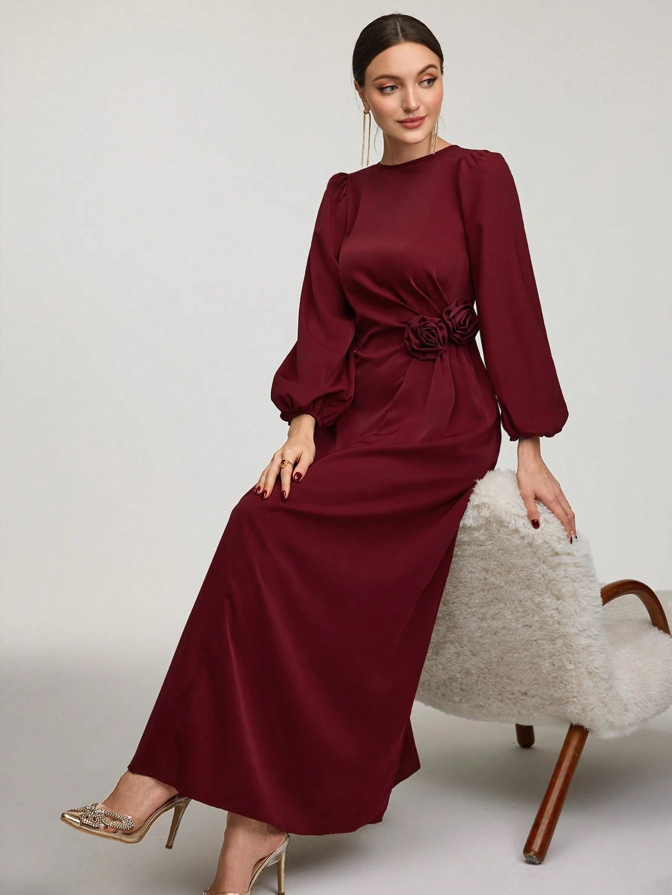 SHEIN Veilorie Burgundy Red Women's Solid Color Round Neck Long Sleeve | Dress