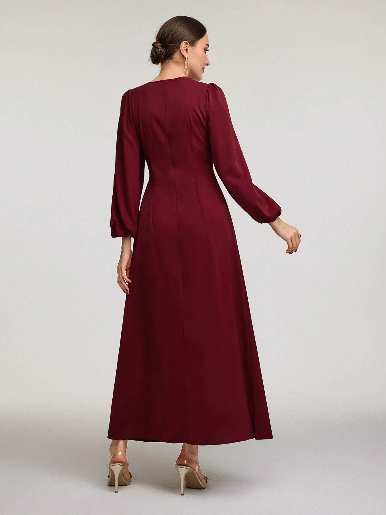 SHEIN Veilorie Burgundy Red Women's Solid Color Round Neck Long Sleeve |  Dress
