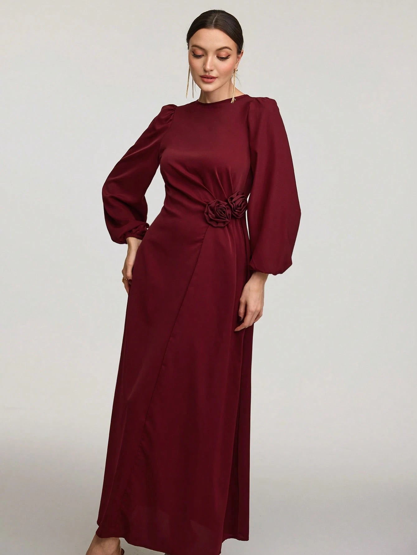 SHEIN Veilorie Burgundy Red Women's Solid Color Round Neck Long Sleeve | Dress