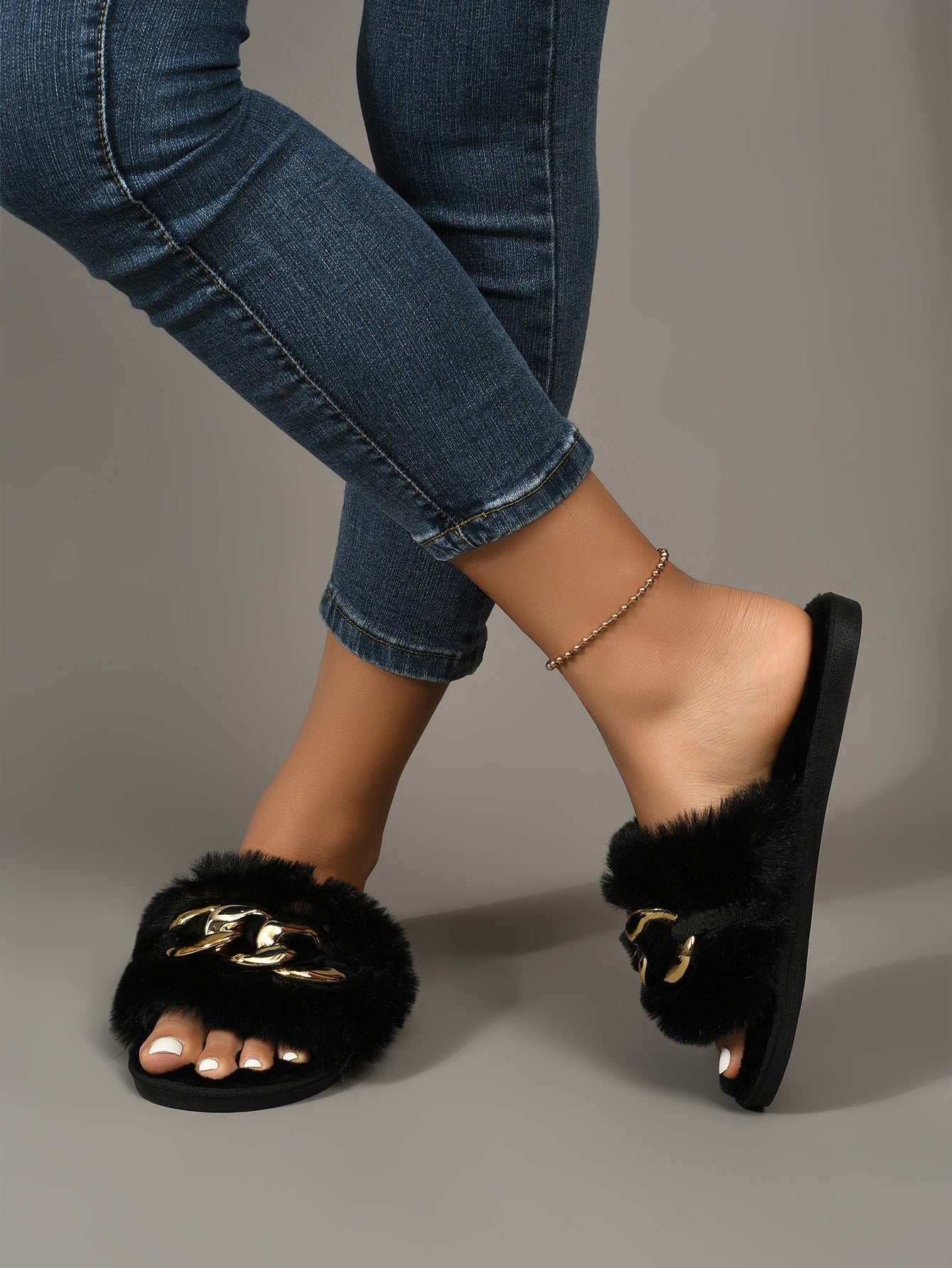  | SHEIN Women Black Fluffy Chain Decor Slippers | Slippers | Shein | OneHub