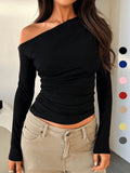  | SHEIN Women Solid Color Asymmetrical Neck Slim Fit Long Sleeve Blouse | Top | Shein | OneHub