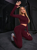 SHEIN Women Solid Color Crew Neck Long Sleeve Top And Skinny Leggings Sports Outfit Workout Women Set Women Leggings Set