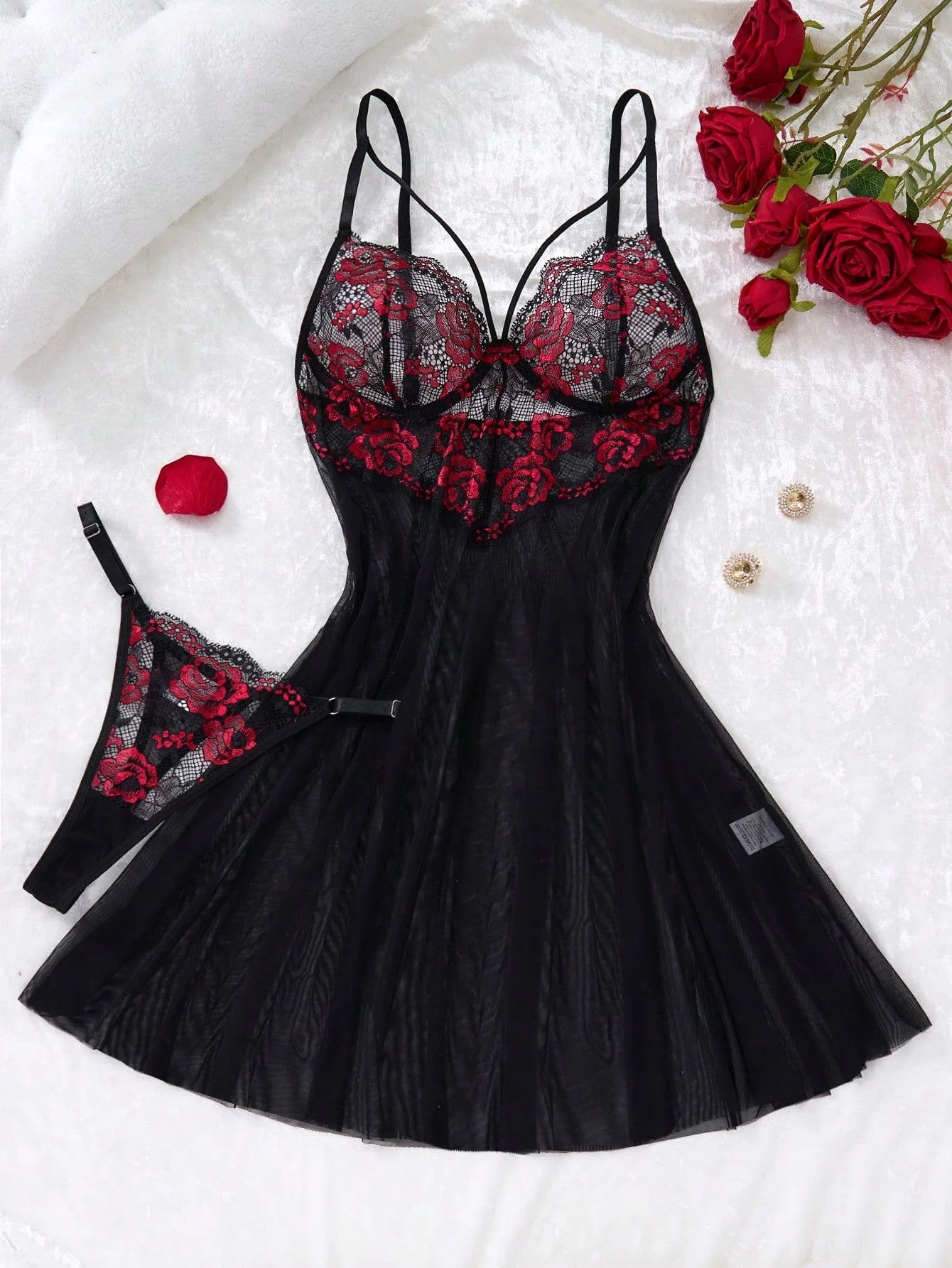 SHEIN Women's Black And Red Rose Gothic Style Contrast Lace Sexy Short | Night Dress SHEIN Women's Black And Red Rose Gothic Style Contrast Lace Sexy Short | Night Dress