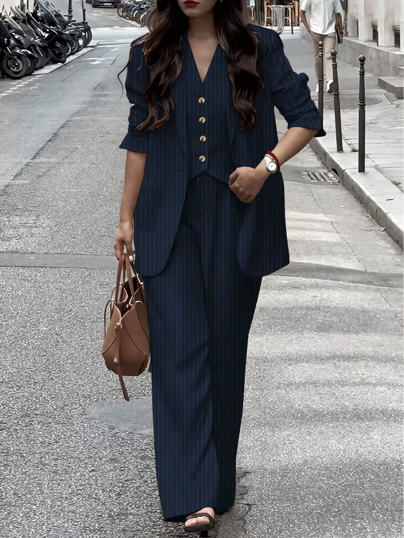 SHEIN Women's Casual Commuter Striped Jacket, Pants, Vest 3-Piece Suit Set