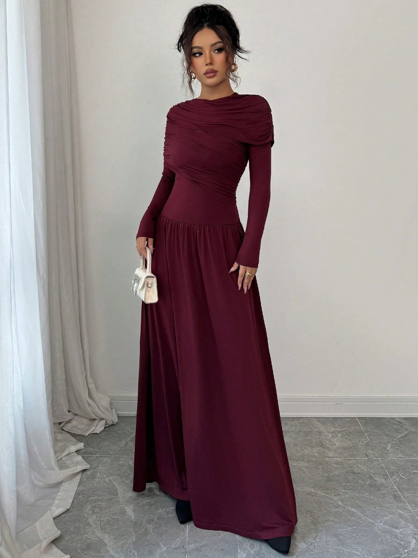 SHEIN Women's Elegant Long Sleeve Ruched Low Waist Fitted A-Line Dress