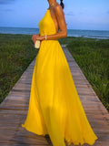 SHEIN Women's Fashion Casual Elegant Sexy Romantic Backless Halter Yellow Sleeveless Dress