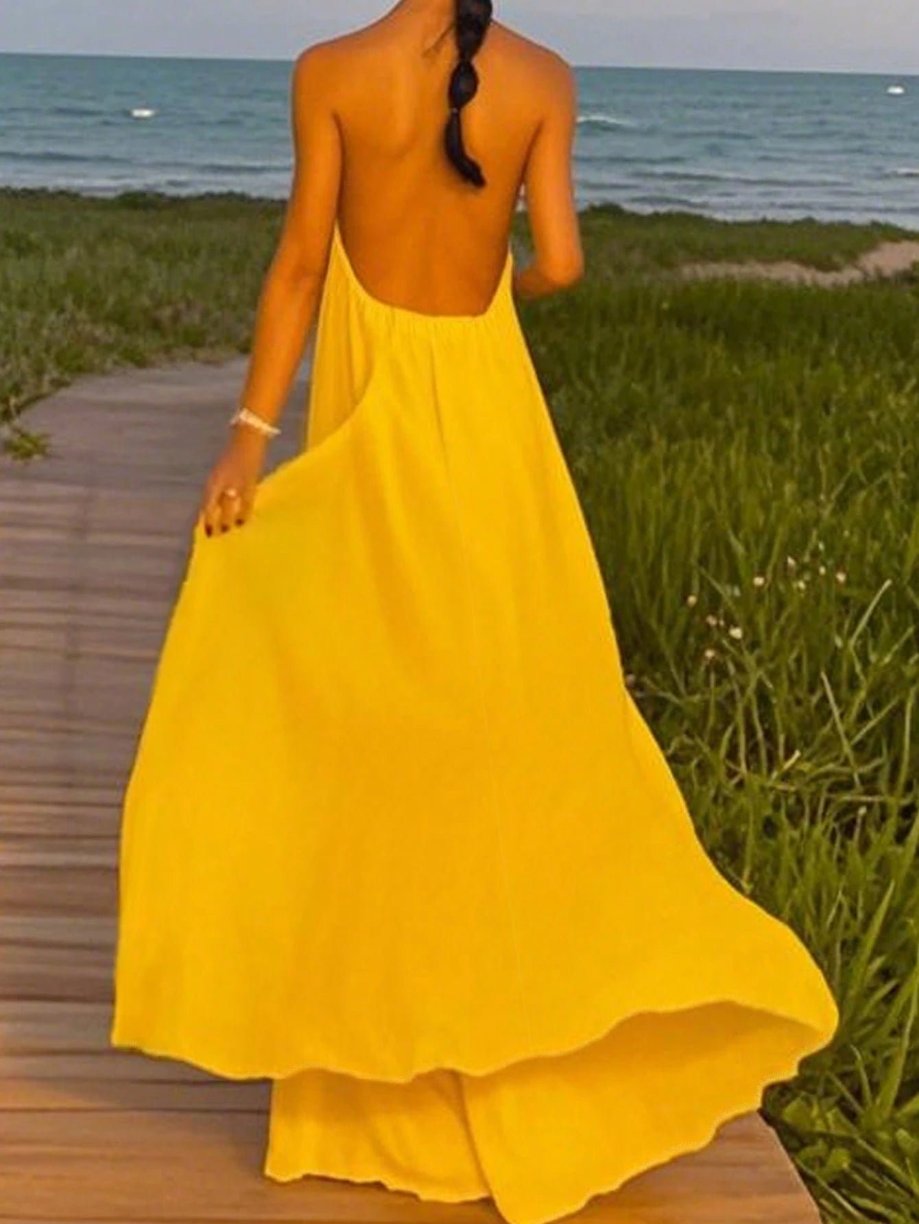 SHEIN Women's Fashion Casual Elegant Sexy Romantic Backless Halter Yellow Sleeveless Dress