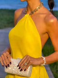 SHEIN Women's Fashion Casual Elegant Sexy Romantic Backless Halter Yellow Sleeveless Dress