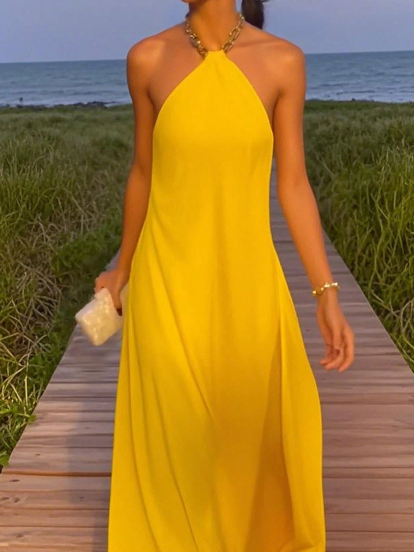 SHEIN Women's Fashion Casual Elegant Sexy Romantic Backless Halter Yellow Sleeveless Dress