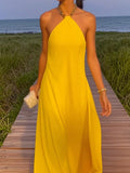 SHEIN Women's Fashion Casual Elegant Sexy Romantic Backless Halter Yellow Sleeveless Dress