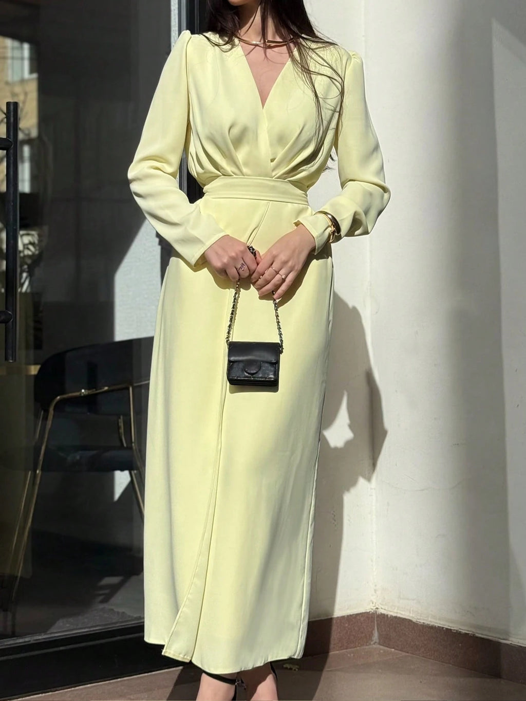 butter yellow dress long sleeve SHEIN Women's Fashion V-Neck Elegant Solid C | Size:3XL (Bust 105-110 cm) Fall23-Q3 Greek Goddess Elegant Dress making it perfect for
