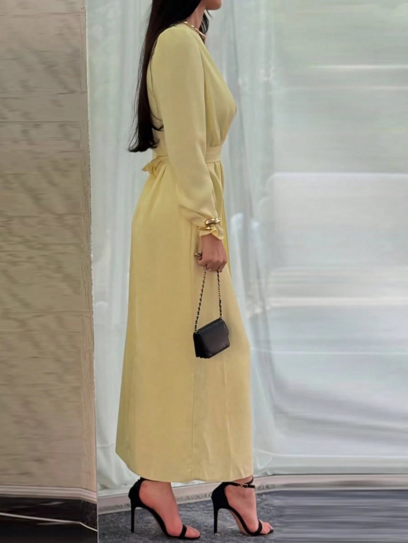 SHEIN Women's Fashion V-Neck Long Sleeve Elegant Butter Yellow Solid C | Dress | OneHub SHEIN Women's Fashion V-Neck Long Sleeve Elegant Butter Yellow Solid C | Dress | OneHub