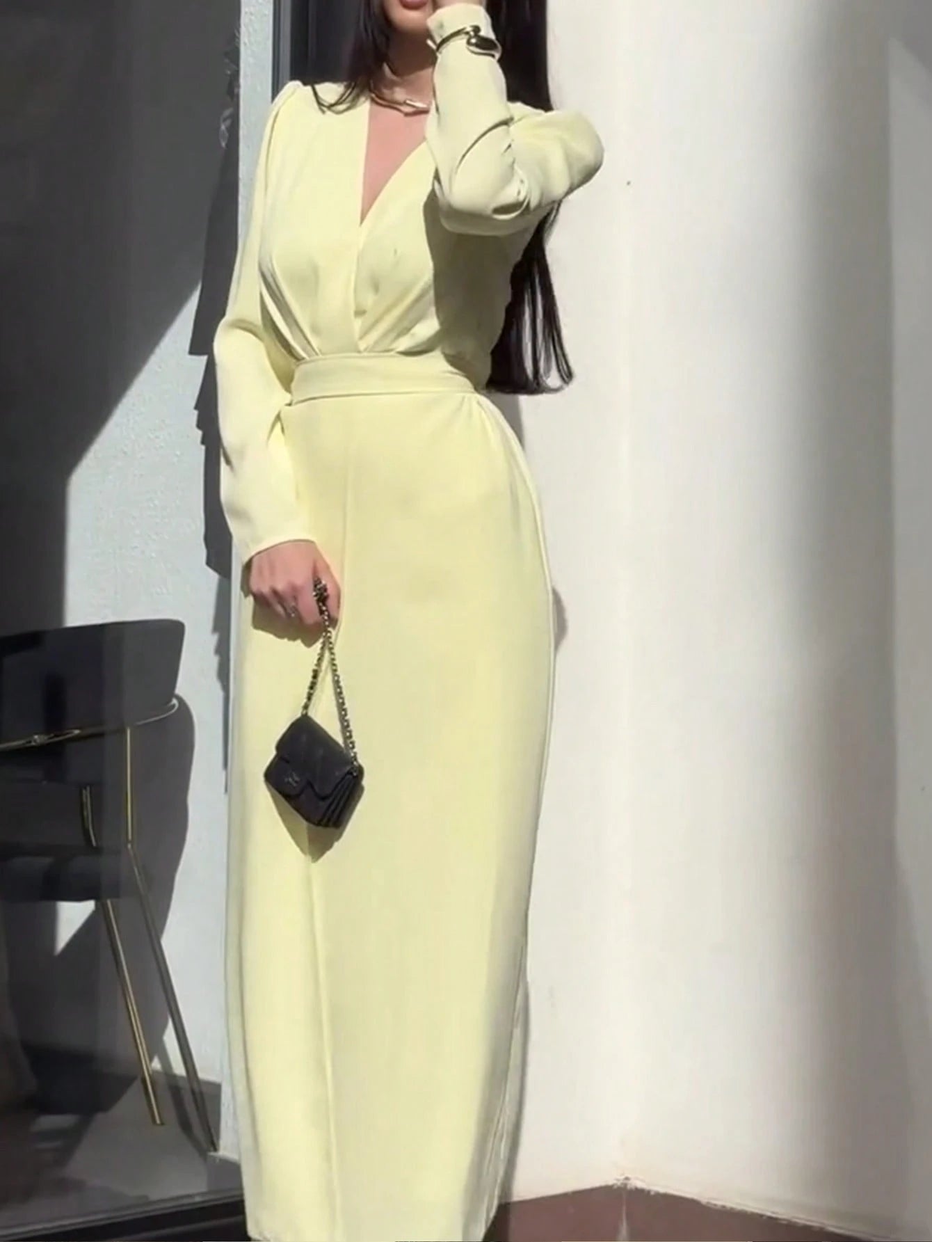 SHEIN Women's Fashion V-Neck Long Sleeve Elegant Butter Yellow Solid Color Woven Dress