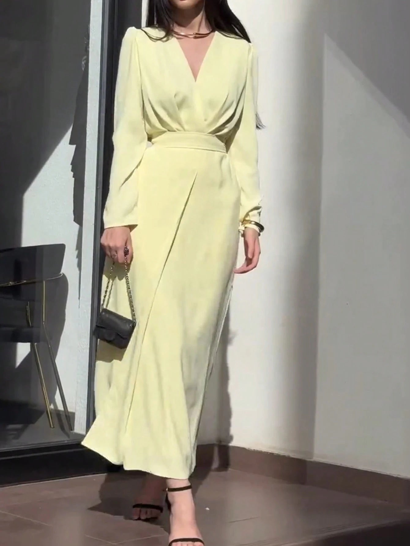 SHEIN Women's Fashion V-Neck Long Sleeve Elegant Butter Yellow Solid Color Woven Dress