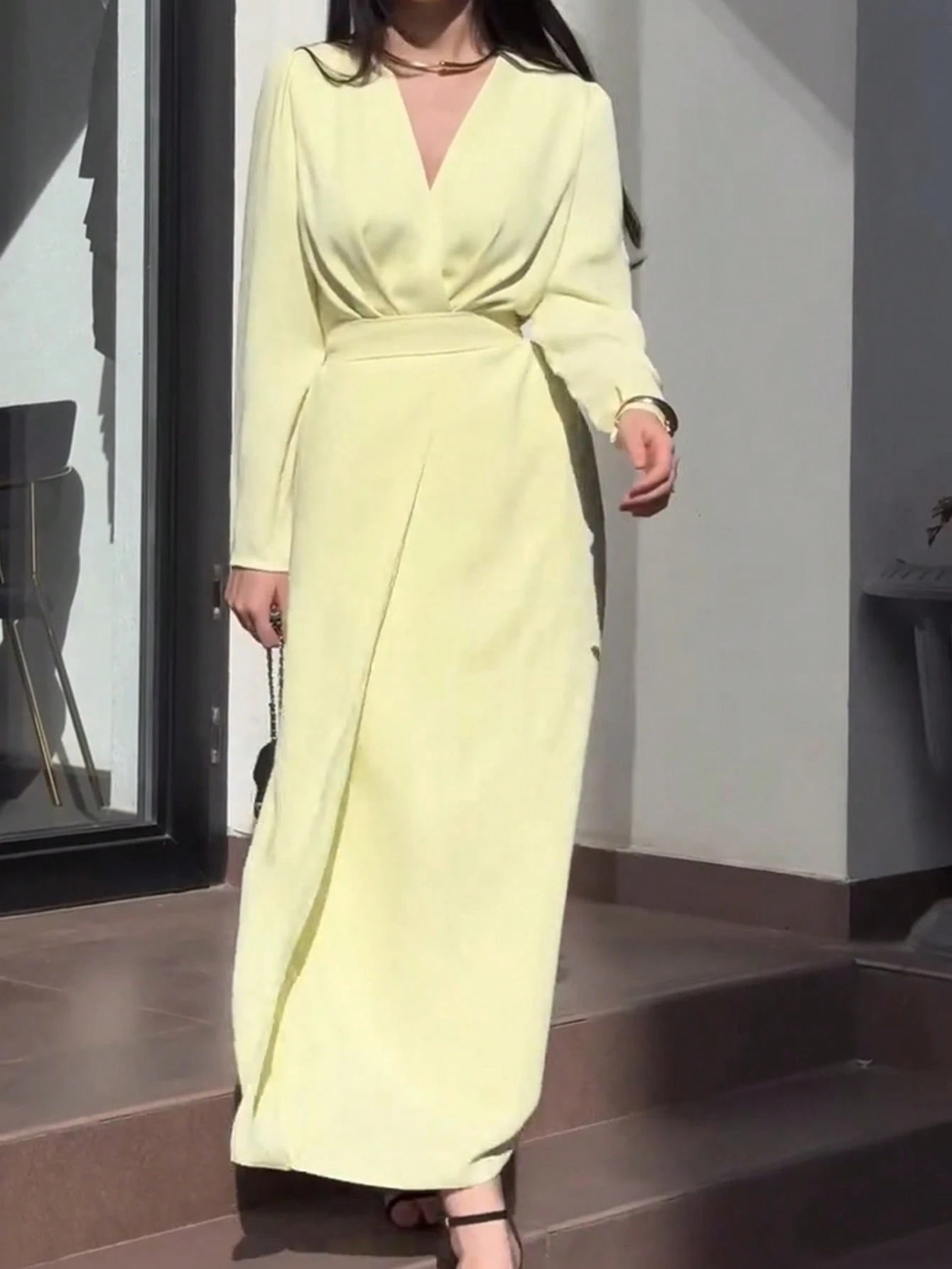 SHEIN Women's Fashion V-Neck Long Sleeve Elegant Butter Yellow Solid Color Woven Dress