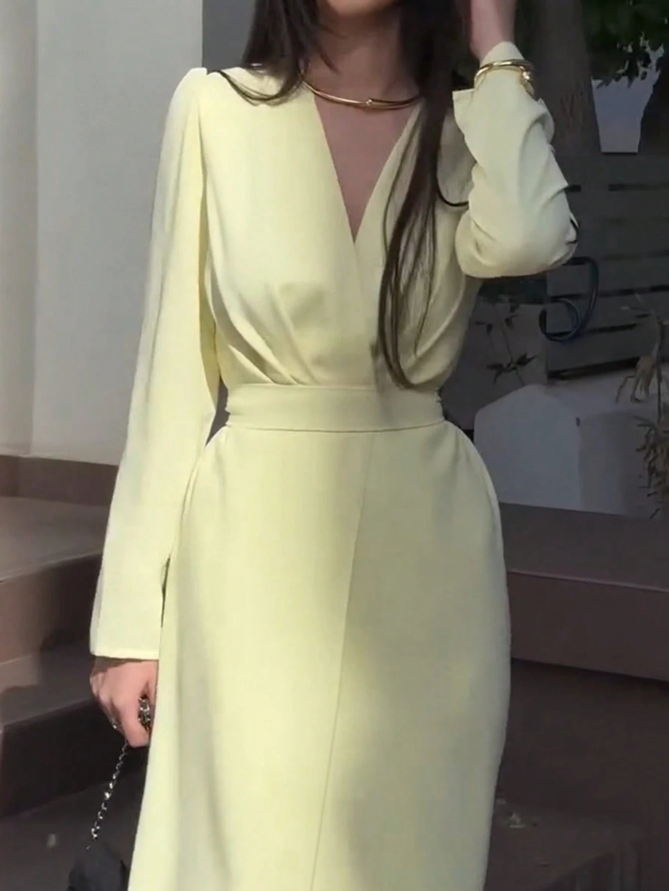 SHEIN Women's Fashion V-Neck Long Sleeve Elegant Butter Yellow Solid Color Woven Dress