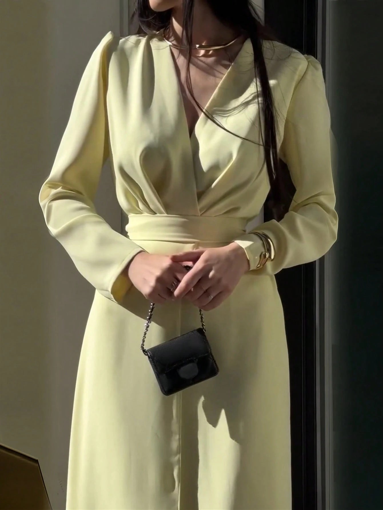 SHEIN Women's Fashion V-Neck Long Sleeve Elegant Butter Yellow Solid Color Woven Dress