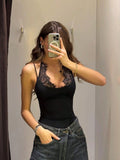 SHEIN Women's Fashionable Black Camisole With Delicate Contrast Lace Details And Spaghetti Straps Summer Casual
