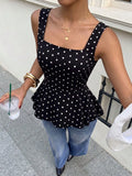 SHEIN Women's New Polka Dot Sleeveless Woven Top, Square Neck Tank Top Summer Casual Black