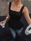 SHEIN Women's New Polka Dot Sleeveless Woven Top, Square Neck Tank Top Summer Casual Black