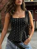 SHEIN Women's New Polka Dot Sleeveless Woven Top, Square Neck Tank Top Summer Casual Black