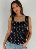 SHEIN Women's New Polka Dot Sleeveless Woven Top, Square Neck Tank Top Summer Casual Black