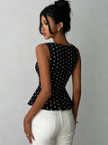 SHEIN Women's New Polka Dot Sleeveless Woven Top, Square Neck Tank Top Summer Casual Black