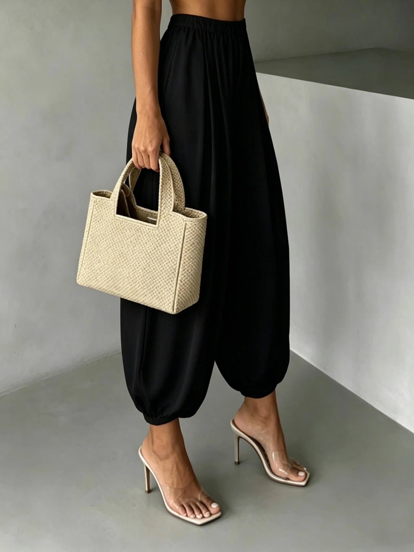 SHEIN Women's New Spring/Autumn Casual Commute Comfortable Solid Color Woven Fabric Pants For Home And Daily Wear Black