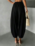 SHEIN Women's New Spring/Autumn Casual Commute Comfortable Solid Color Woven Fabric Pants For Home And Daily Wear Black