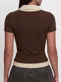 SHEIN Women's Slimming 2 In 1 Short Sleeve Top, Ribbed Fabric Design With Square Neck, Ribbed Patchwork And Single-Breasted Buttons Casual Brown Summer