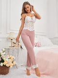  | SHEIN Women's Solid Color Lace Cami Top With Color Block Lace Patchwork Pants Pajama Set Pajamas Set For Woman | Night Dress | Shein | OneHub