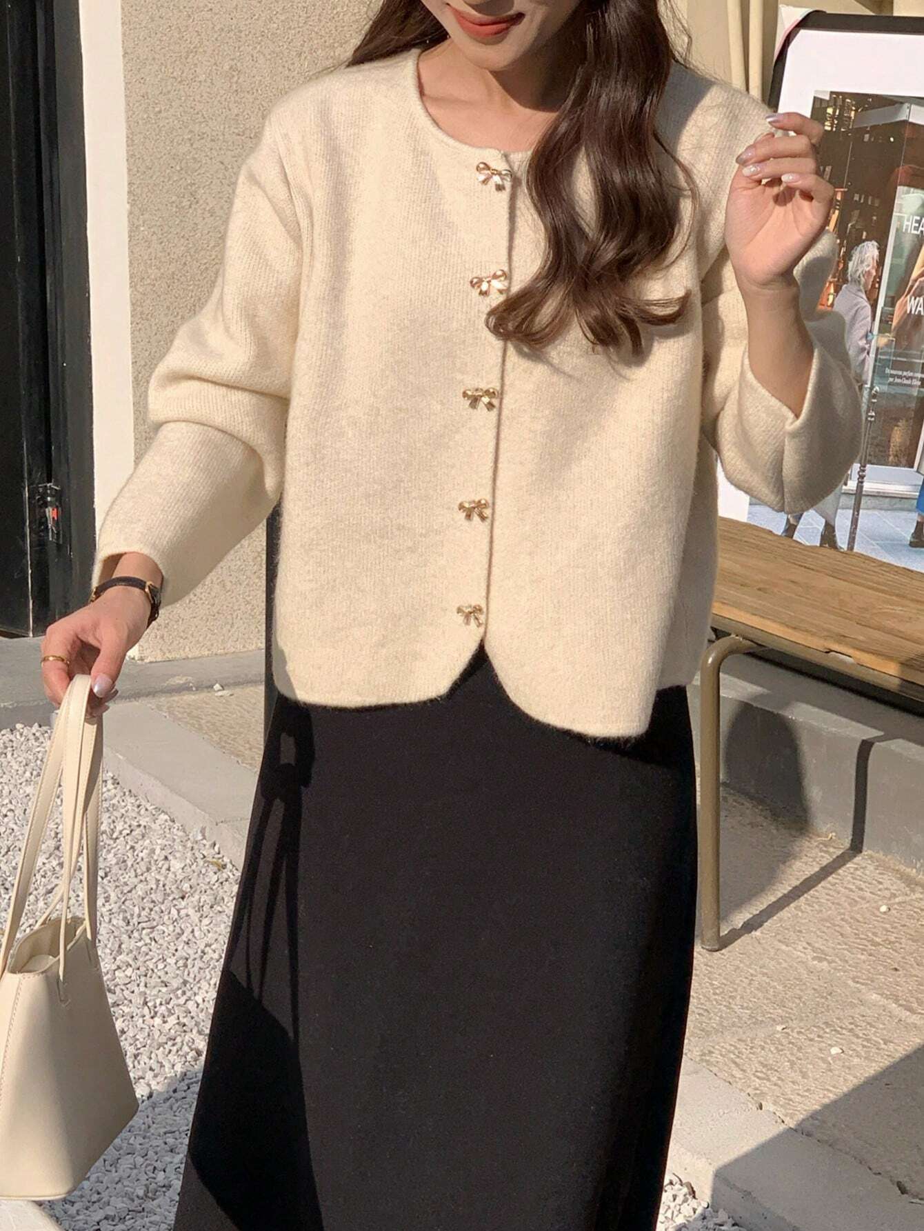 SHEIN Women's Solid Color Long Sleeve Bow Button Loose Knit Cardigan, Autumn/Winter