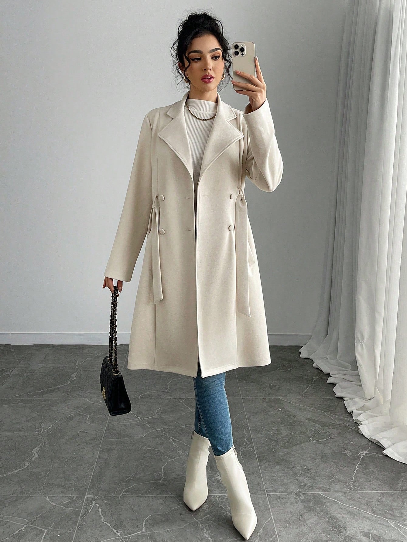 SHEIN Women's Wool Blend Solid Color Woven Fabric Coat With Pockets And Belt