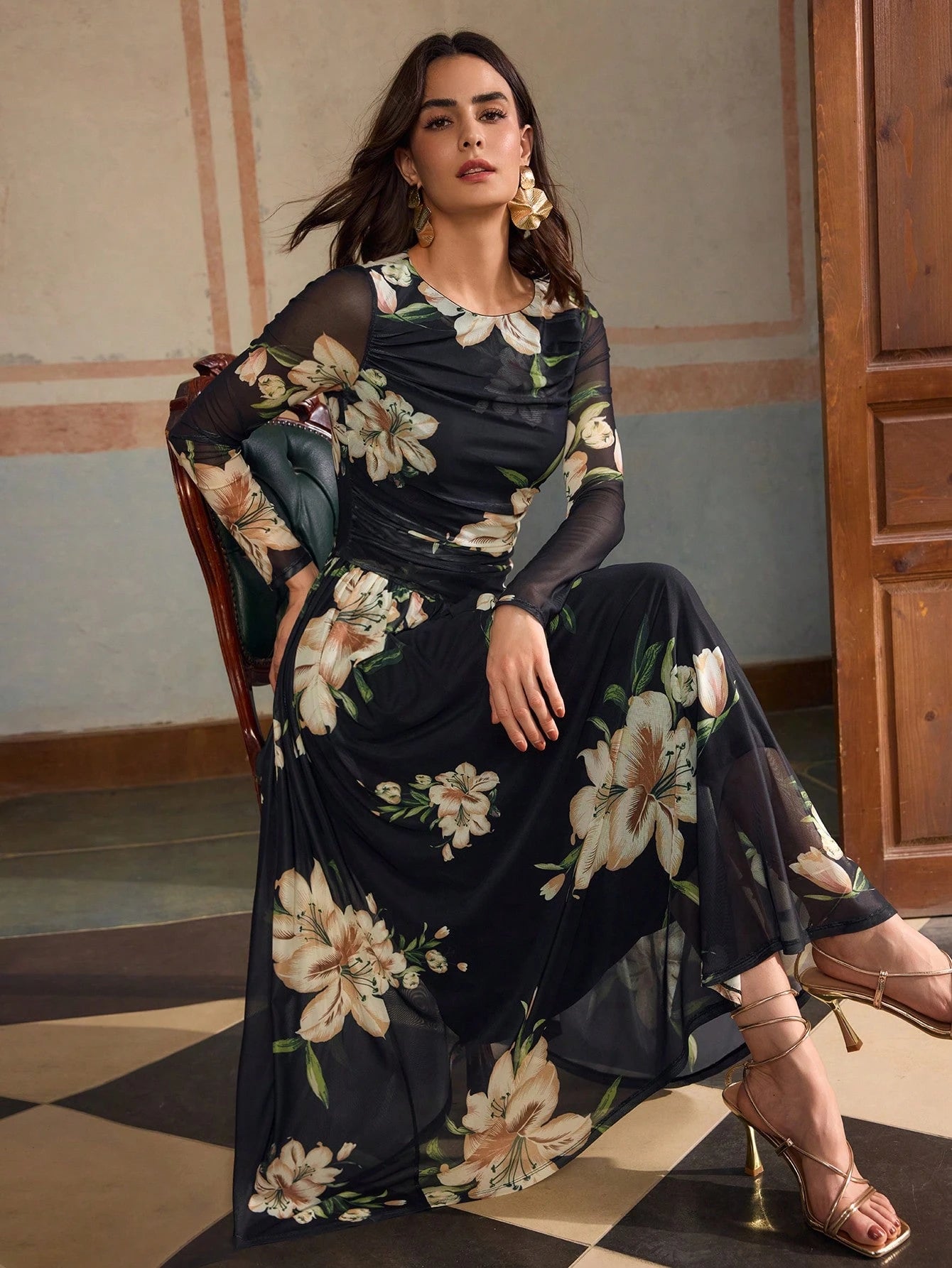 SHEIN ZEYLAH Women's Elegant Floral Printed Ruched Mesh Knitted Dress | Dress | OneHub SHEIN ZEYLAH Women's Elegant Floral Printed Ruched Mesh Knitted Dress | Dress | OneHub