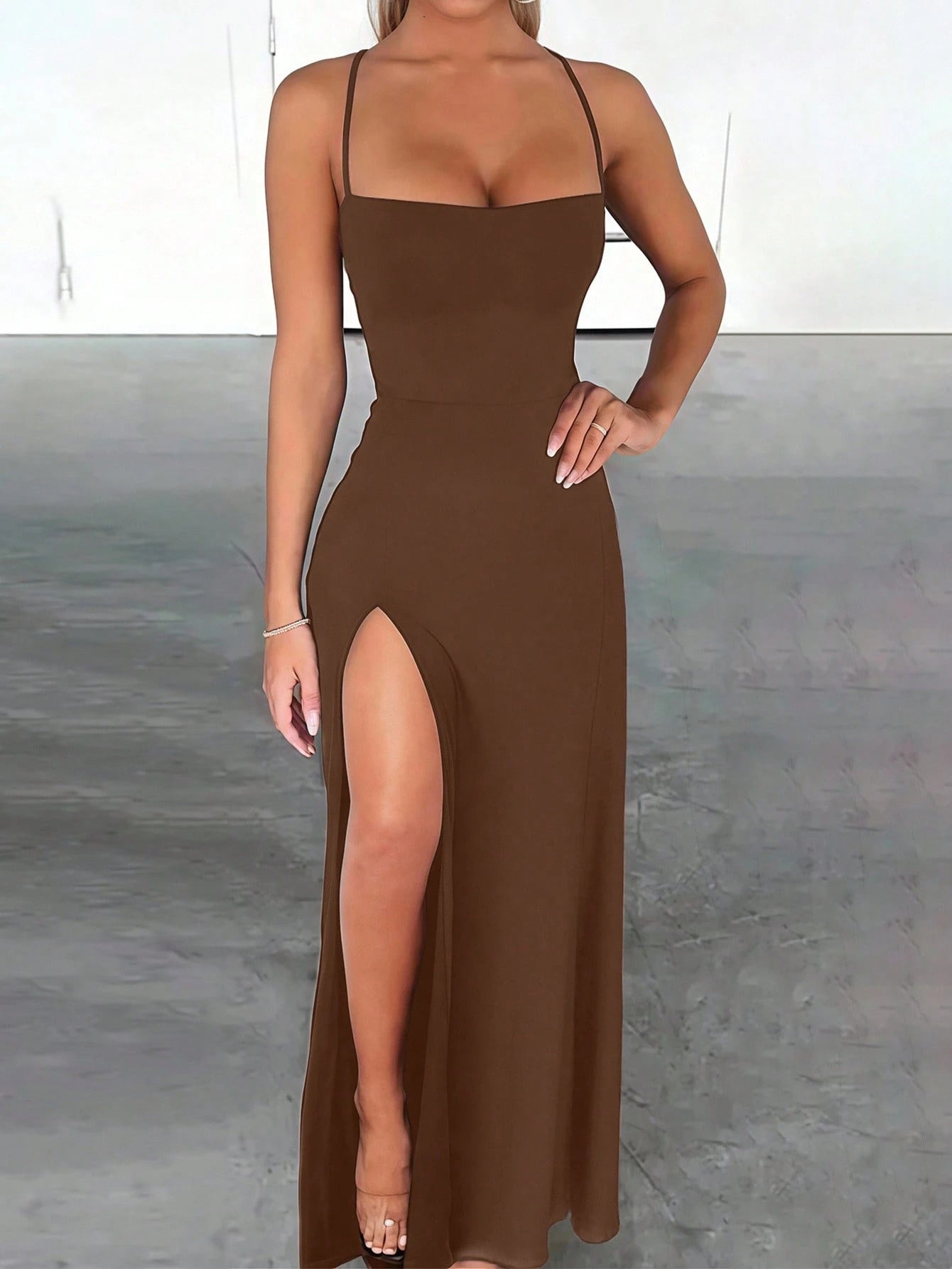 SHEIN Zyxie Fitted Sexy High Slit Criss-Cross Strap Tie-Up Long Dress For Women