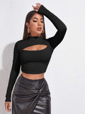 SHEIN Mock Neck Cut-out Rib-knit Slim Crop Tee