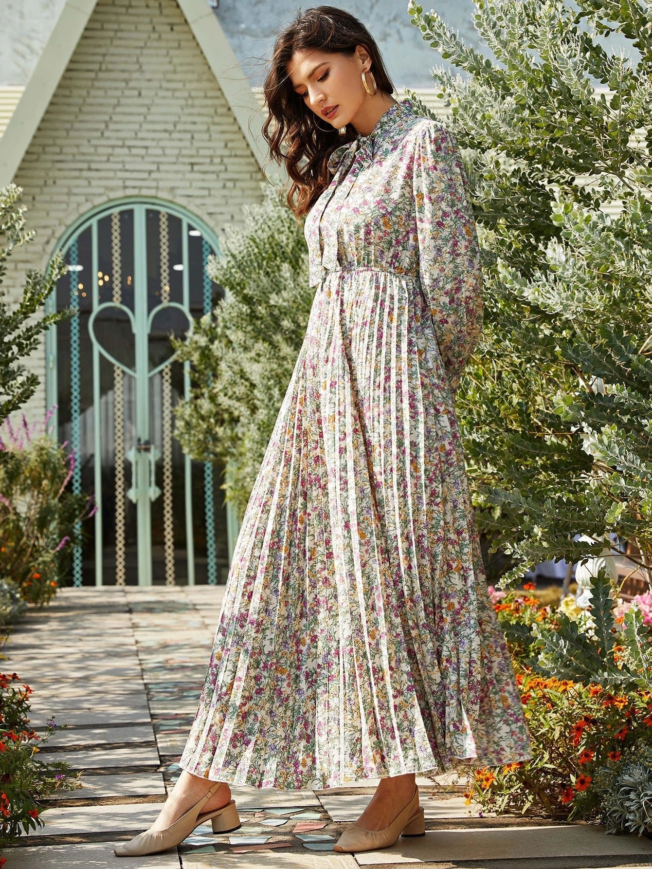 Shein Floral Tie Neck Pleated Shirt Dress | Dress