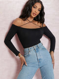 SHEIN BAE Off-the-Shoulder Strappy Self-Tie Choker Bodysuit