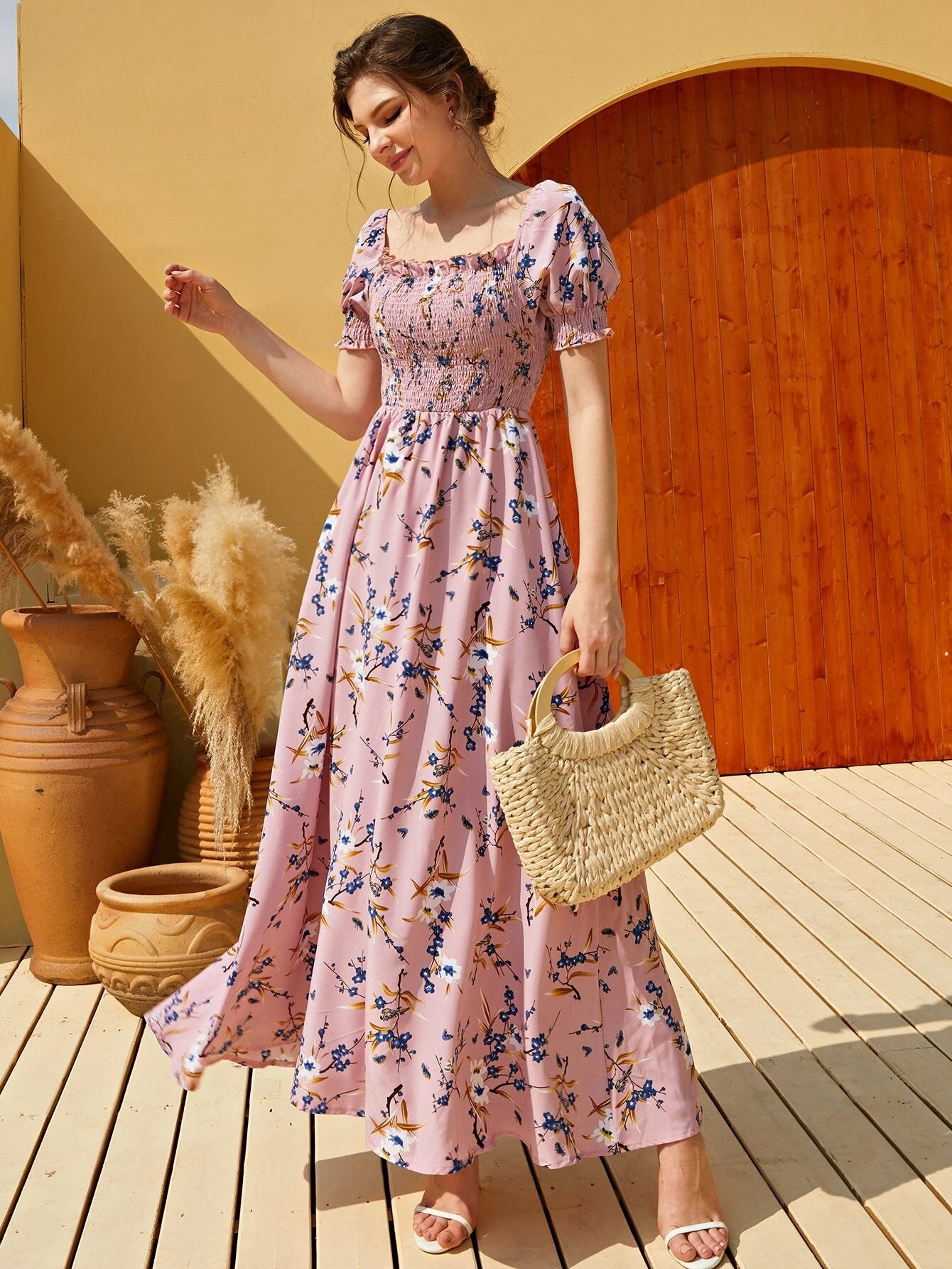 Shein Floral Square Neck Shirred A-line Dress | Dress | OneHub Shein Floral Square Neck Shirred A-line Dress | Dress | OneHub