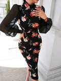 SHEIN Modely Floral Print Contrast Mesh Lantern Sleeve Slit Back Bodycon Dress