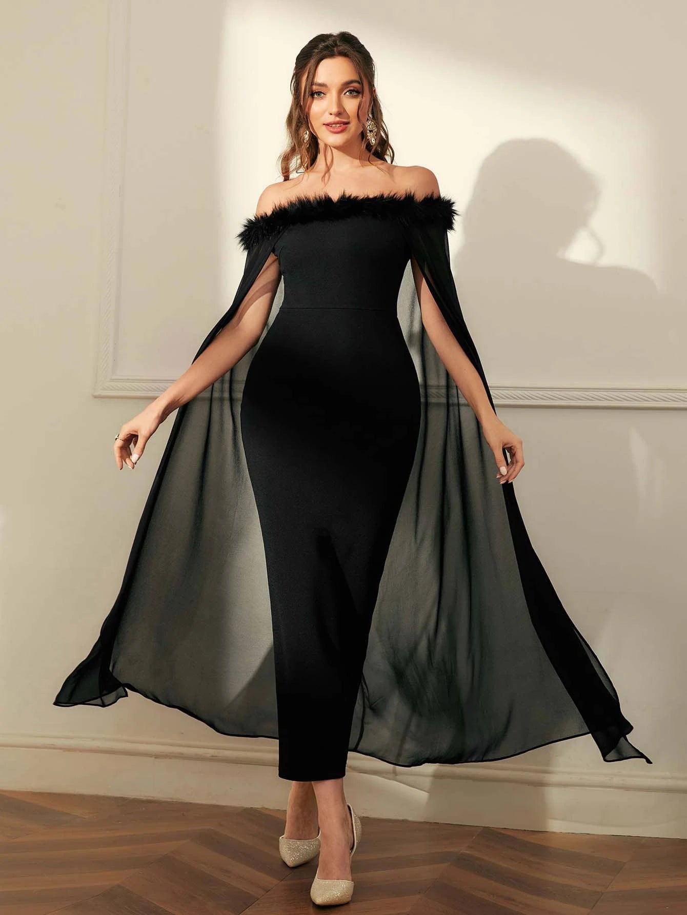 prom dresses shein SHEIN Modely Off Shoulder Fuzzy Trim Split Thigh Chiffon Prom Dress | Dress