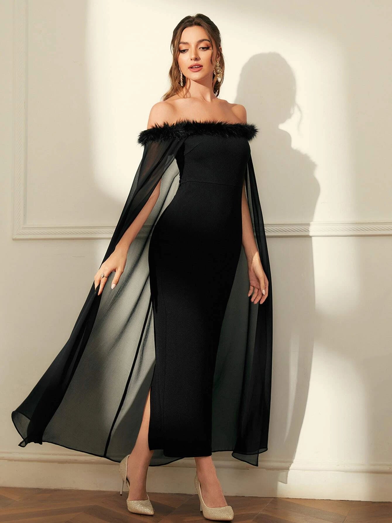 shein prom dresses SHEIN Modely Off Shoulder Fuzzy Trim Split Thigh Chiffon Prom Dress | Dress