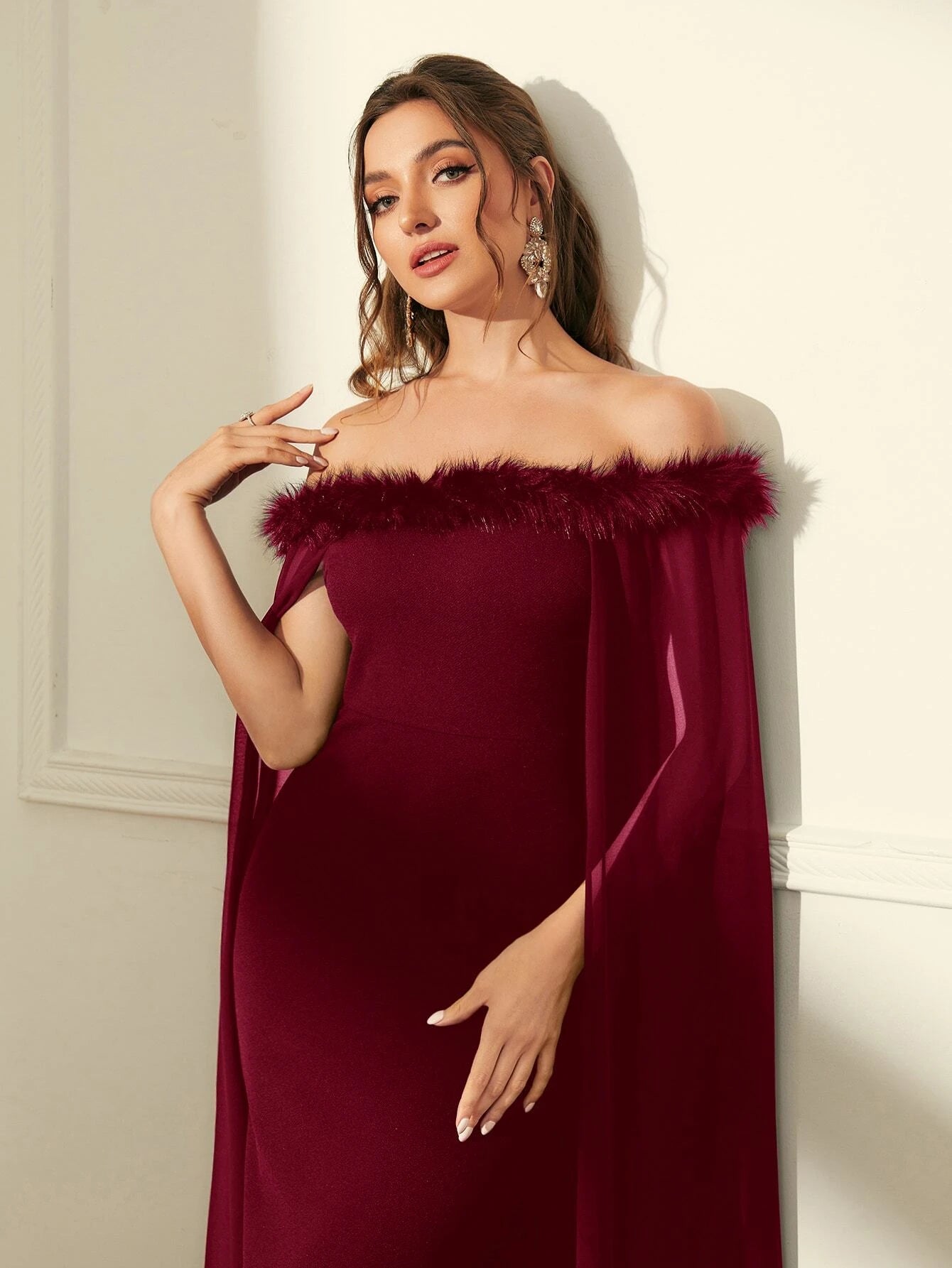 SHEIN Modely Off Shoulder Fuzzy Trim Split Thigh Chiffon Prom Dress | Dress