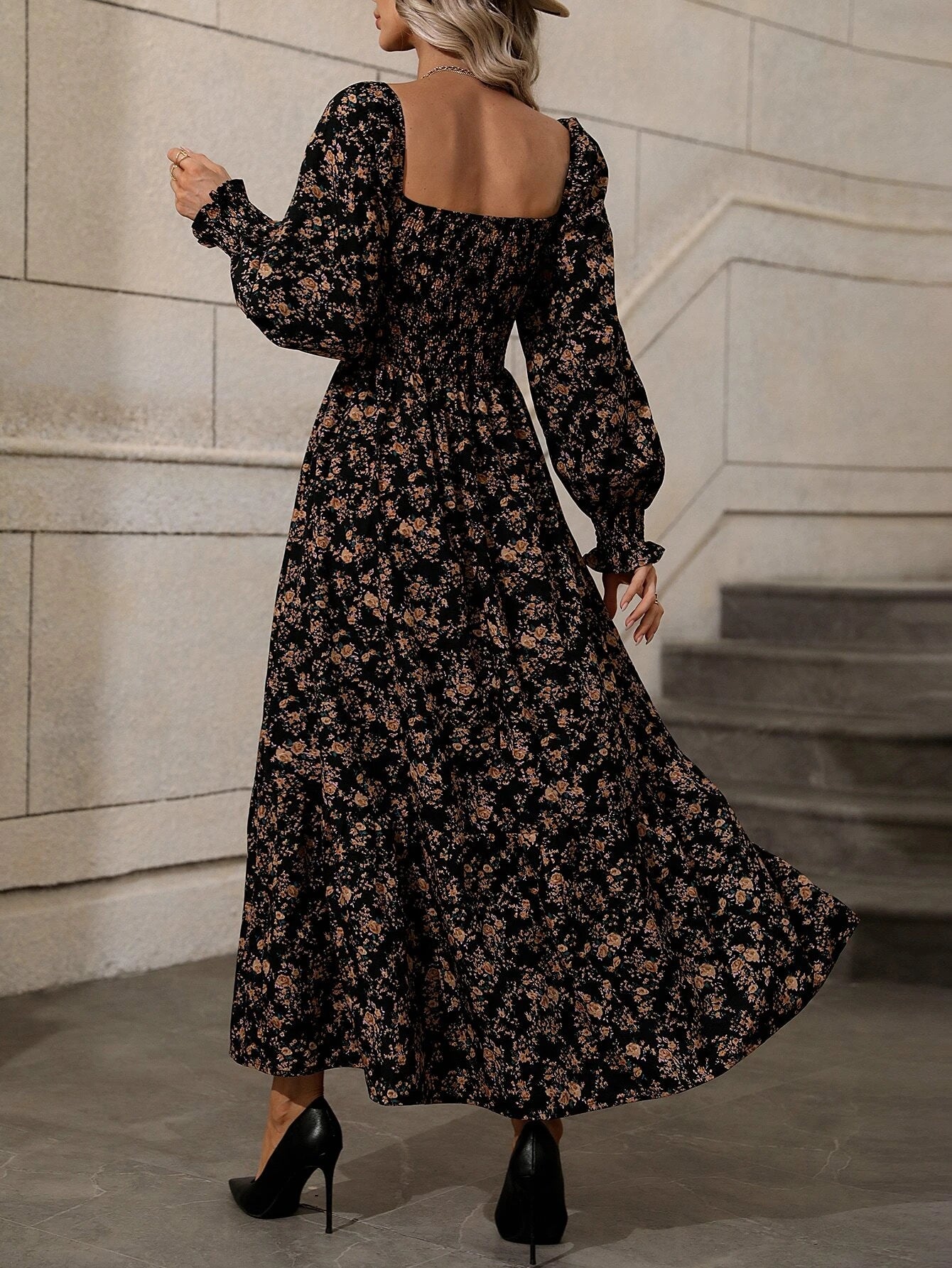 SHEIN Allover Floral Print Square Neck Bishop Sleeve Dress | Dress